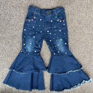 Girl kid handmade handsewn jeans with pearl rhinestones decal
